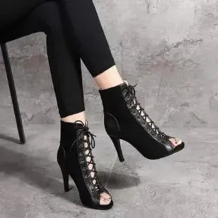 Drune | Sandalen Höhle Mesh Absätze Gürtel Schnalle Damen Sommer Beige Schnürsenkel Sexy Offene Zehe Stiletto Jazz Tanz Fest Damenschuhe