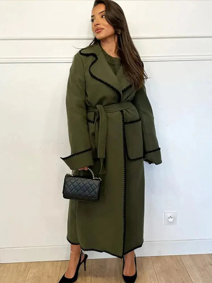 Drune | Longline Mantel - Kontrastierende Besatz - Gürtellinie - Casual bis Formal