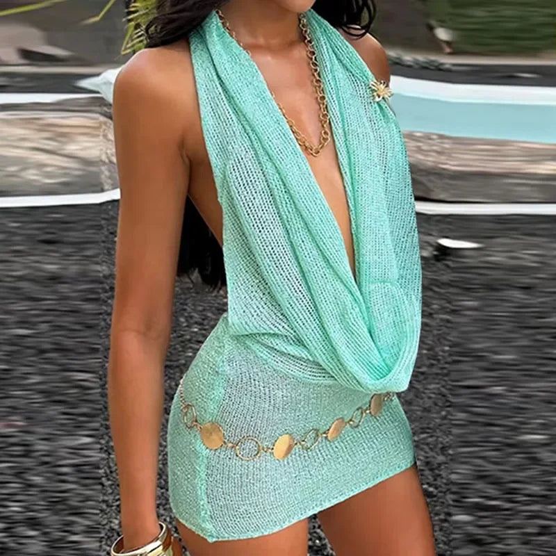 Drune | Glitzer Halter Mini Kleid Frauen Strick Rücklos Ärmellos Bodycon Fest Klub Kleider Weiblich Sommer Damen Mode Y2K Roben