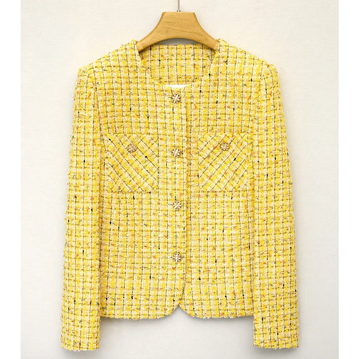Drune | Gelber, Gewebter Tweed Luxusmantel Kleine Duftjacke