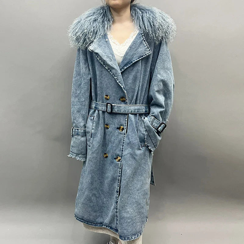 Drune | Lange Denimjacke mit Kunstfell Baumwollmix Modern und Elegant