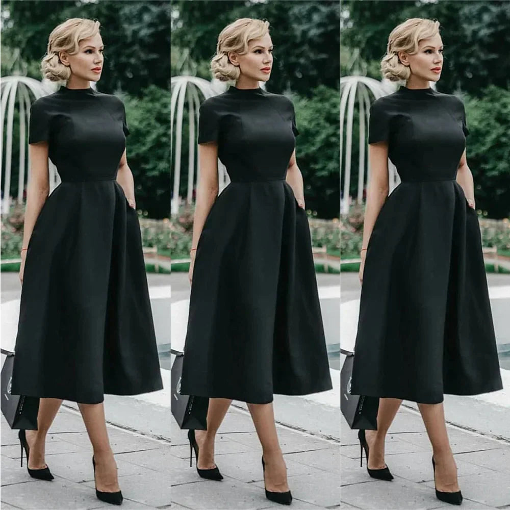 Drune | Frauen Elegantes Schwarzes Kleid Halbhoher Kragen Hohe Taille A-Linie Kleider Schlankes Fit Kleid Büro Damen Female Solid Vestidos