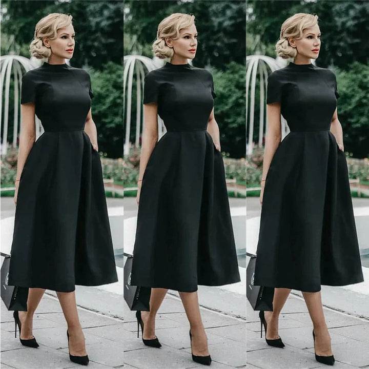 Drune | Frauen Elegantes Schwarzes Kleid Halbhoher Kragen Hohe Taille A-Linie Kleider Schlankes Fit Kleid Büro Damen Female Solid Vestidos