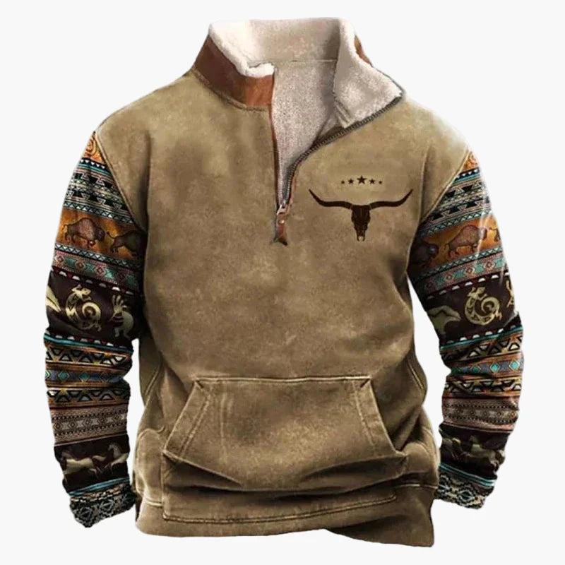Drune | Western Style Pullover mit Azteken-Muster und Longhorn-Motiv - Bequemer Freizeit-Sweater für Outdoor & Alltag