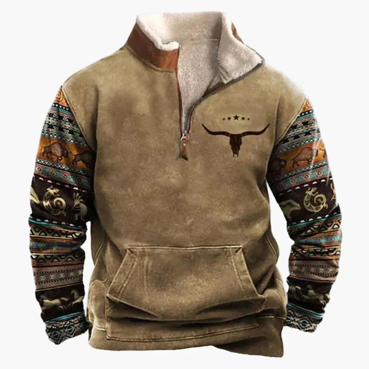 Drune | Vintage Western Half-Zip Pullover mit Ethno-Muster für Outdoor und Freizeit