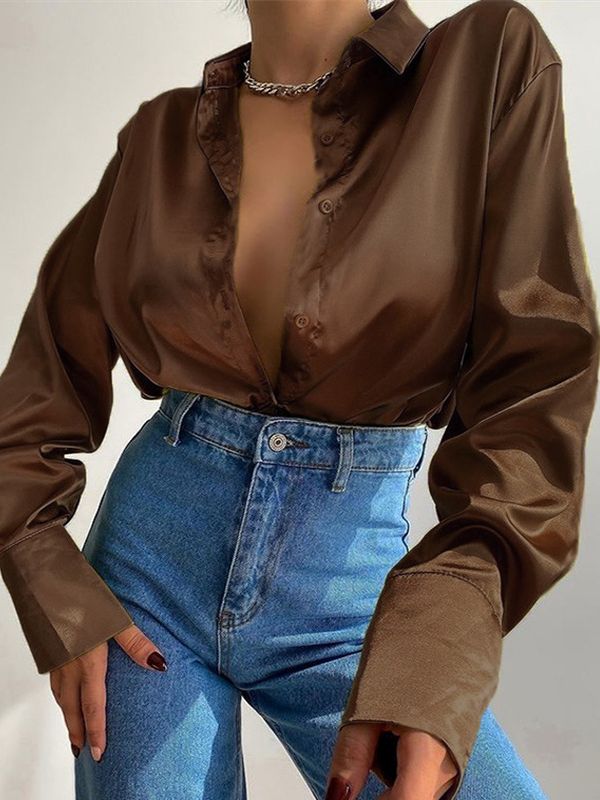 Drune | Satinierte Bluse Mit Polo Kragen Seidenbluse Fürs Büro Weinlese Design Mit Lockerer Knopf Elegante Mode