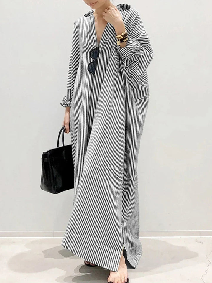 Drune Gestreiftes Kleid | Lässiges oversized Maxi-Kleid mit langen Ärmeln für Damen