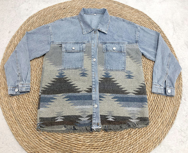 Drune | Aztec Revers Tasche Denim Patchwork Jacke