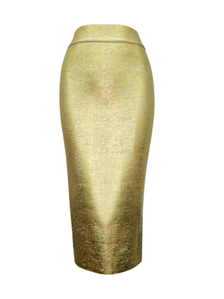 Drune | Frauen Sommerrock Sexy Silber Gold Bronzing Midi Bandage Rock High Street Designer Schlanker Fest Midi Bleistiftrock 78Cm