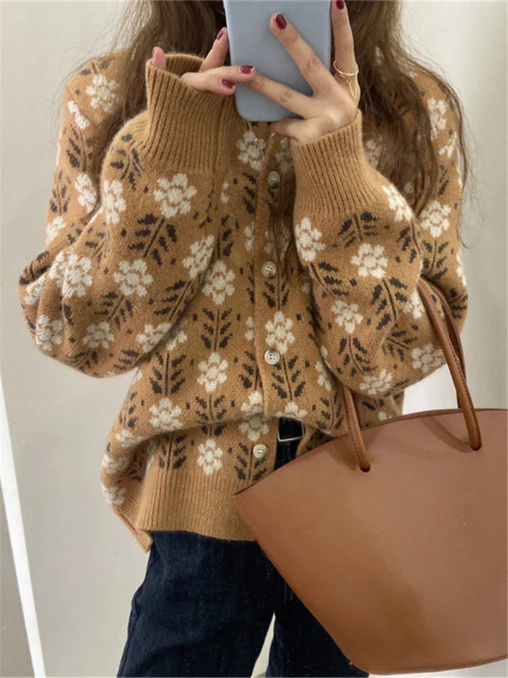 Drune | Strickjacke Gestrickt Blumenmuster Lockere Passform Knöpfe Rundhals