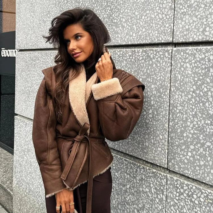 Drune | Stylische Kunstlederjacke mit Teddy Futter und Schnürdetails