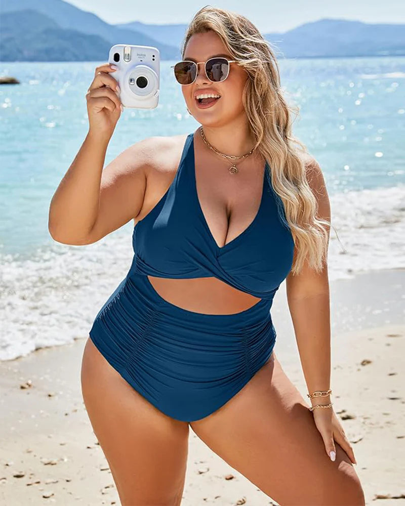 Drune | Damen Einteiler Badeanzüge Push Up Bauchkontrolle Badeanzüge V-Ausschnitt Cutout Anständige Bademode