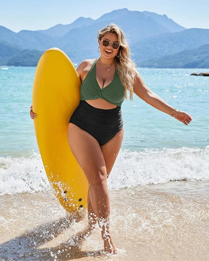 Drune | Damen Einteiler Badeanzüge Push Up Bauchkontrolle Badeanzüge V-Ausschnitt Cutout Anständige Bademode