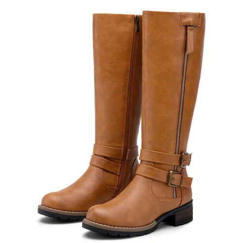 Drune | Damen Knielange Stiefel mit Reißverschluss und Schnalle