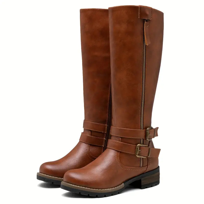 Drune | Damen Knielange Stiefel mit Reißverschluss und Schnalle