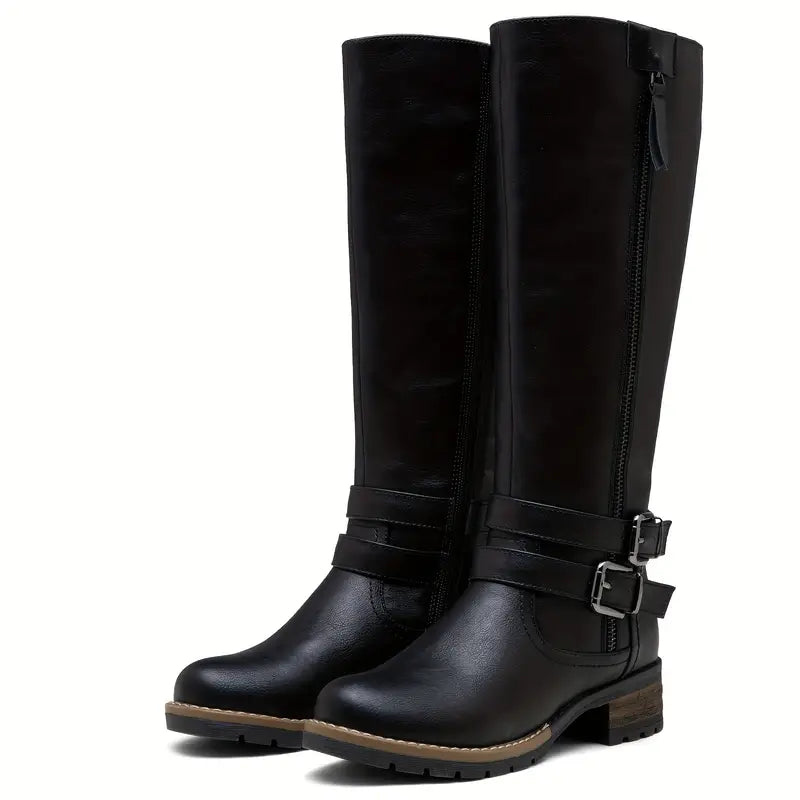 Drune | Damen Knielange Stiefel mit Reißverschluss und Schnalle