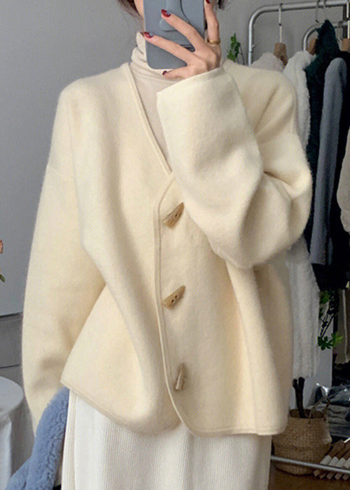 Drune | Beige V-Ausschnitt Knopf Strick Baumwolle Mäntel