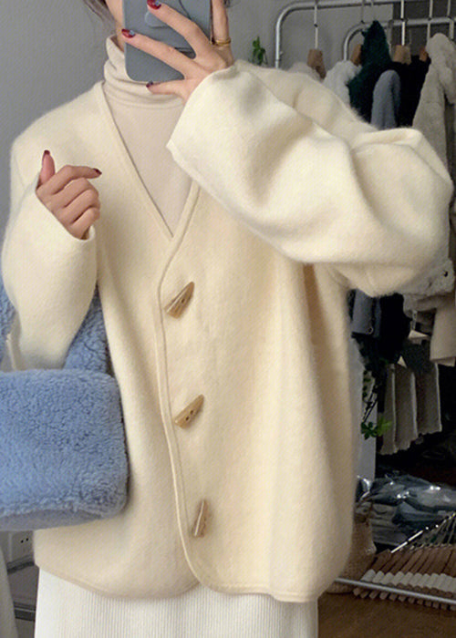 Drune | Beige V-Ausschnitt Knopf Strick Baumwolle Mäntel