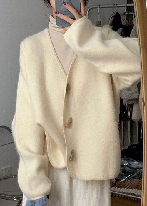 Drune | Beige V-Ausschnitt Knopf Strick Baumwolle Mäntel