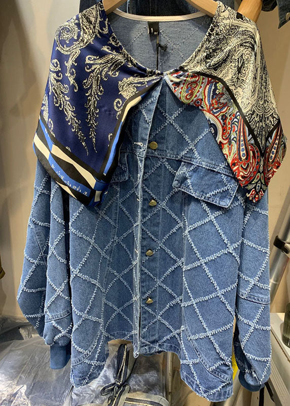 Drune | Blaue Knopf-Patchwork-Druckmäntel Langarm