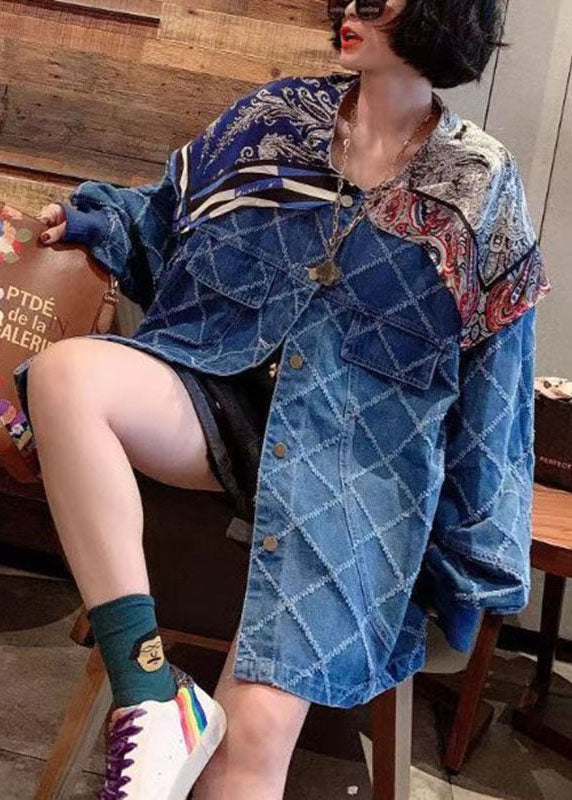 Drune | Blaue Knopf-Patchwork-Druckmäntel Langarm