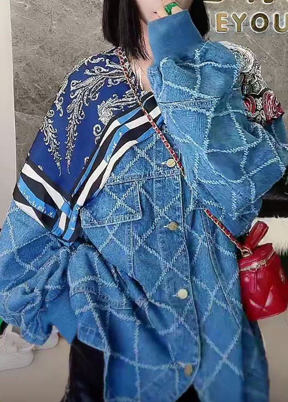 Drune | Blaue Knopf-Patchwork-Druckmäntel Langarm