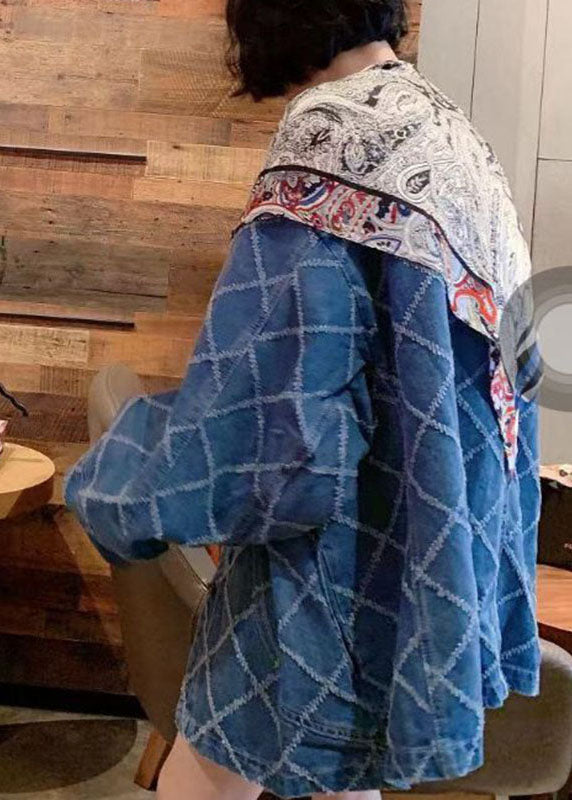 Drune | Blaue Knopf-Patchwork-Druckmäntel Langarm