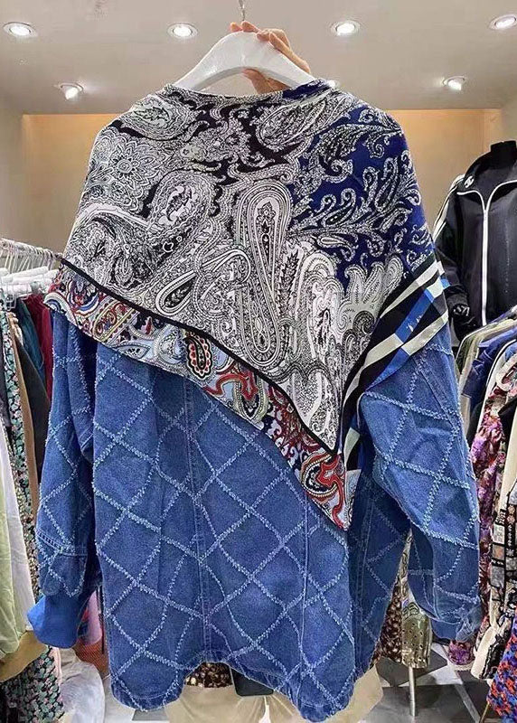 Drune | Blaue Knopf-Patchwork-Druckmäntel Langarm