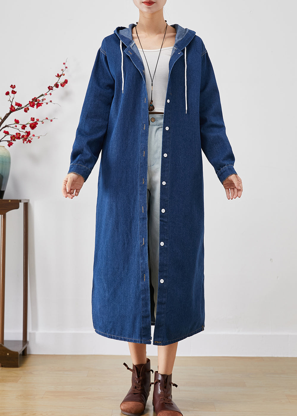 Drune | Blaue Kapuzenknopf-denim-trenchcoats