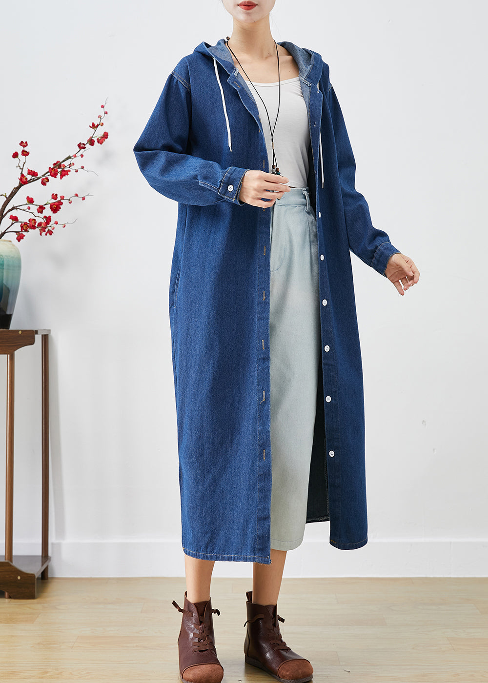 Drune | Blaue Kapuzenknopf-denim-trenchcoats