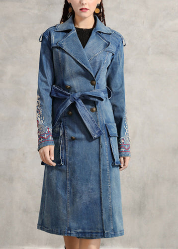 Drune | Blaue Peter-Pan-Kragen Taschen Gestickte Doppelbrust Gürtel Baumwoll-Denim-Trenchcoats