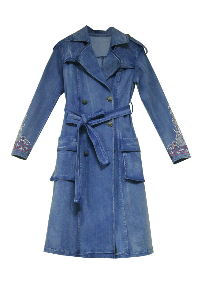 Drune | Blaue Peter-Pan-Kragen Taschen Gestickte Doppelbrust Gürtel Baumwoll-Denim-Trenchcoats