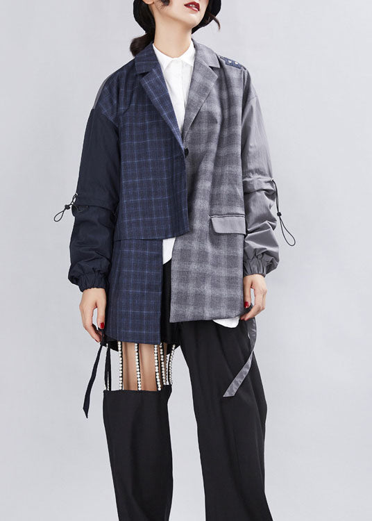 Drune | Graues Patchwork-Plaid asymmetrisches Design Mäntel Langarm