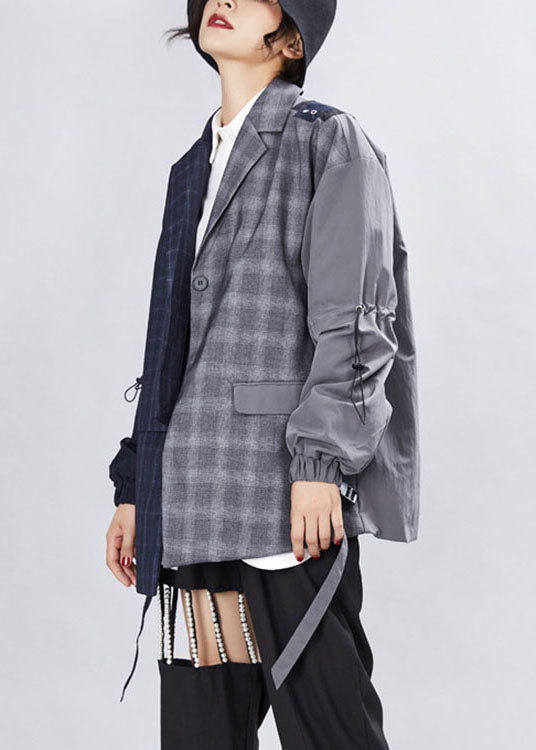 Drune | Graues Patchwork-Plaid asymmetrisches Design Mäntel Langarm