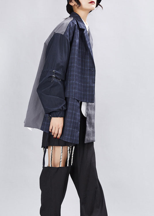 Drune | Graues Patchwork-Plaid asymmetrisches Design Mäntel Langarm