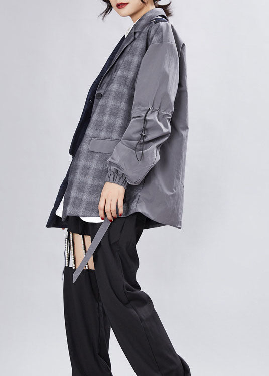Drune | Graues Patchwork-Plaid asymmetrisches Design Mäntel Langarm
