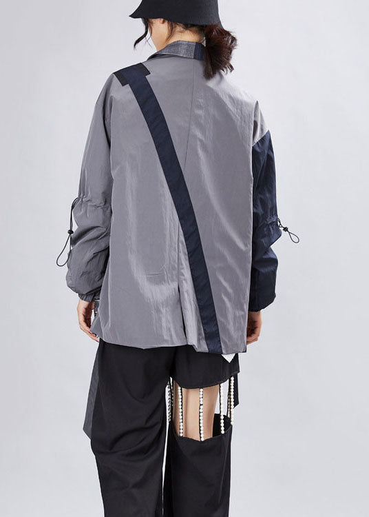 Drune | Graues Patchwork-Plaid asymmetrisches Design Mäntel Langarm