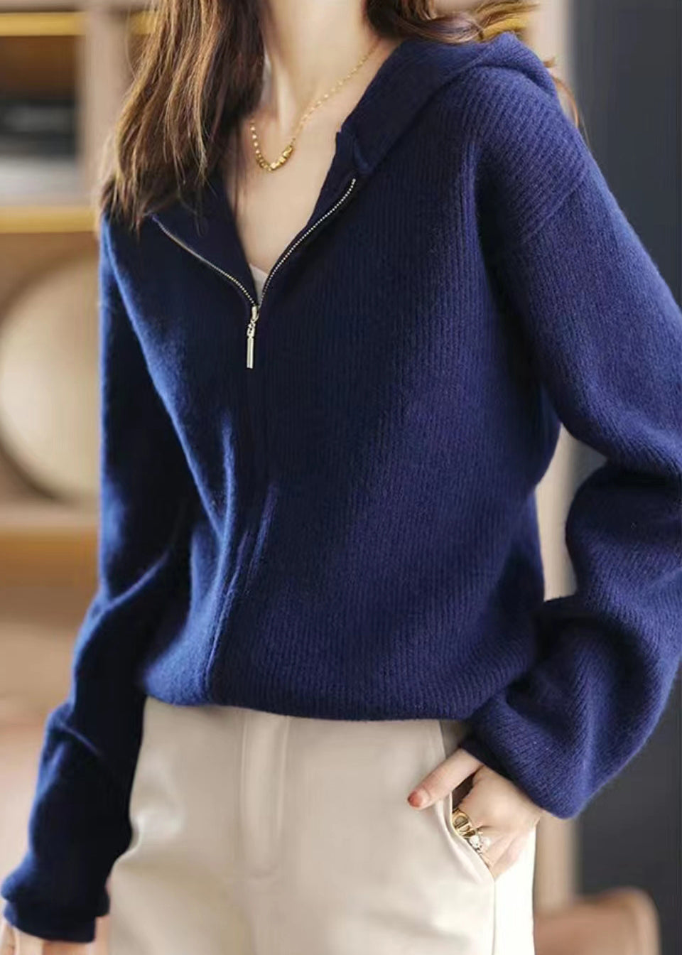 Drune | Marine Zip Up Patchwork Kapuzenstrickmäntel