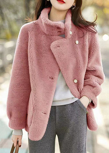 Drune | Pink Stehkragen Taschen Patchwork Wolljacken Winter
