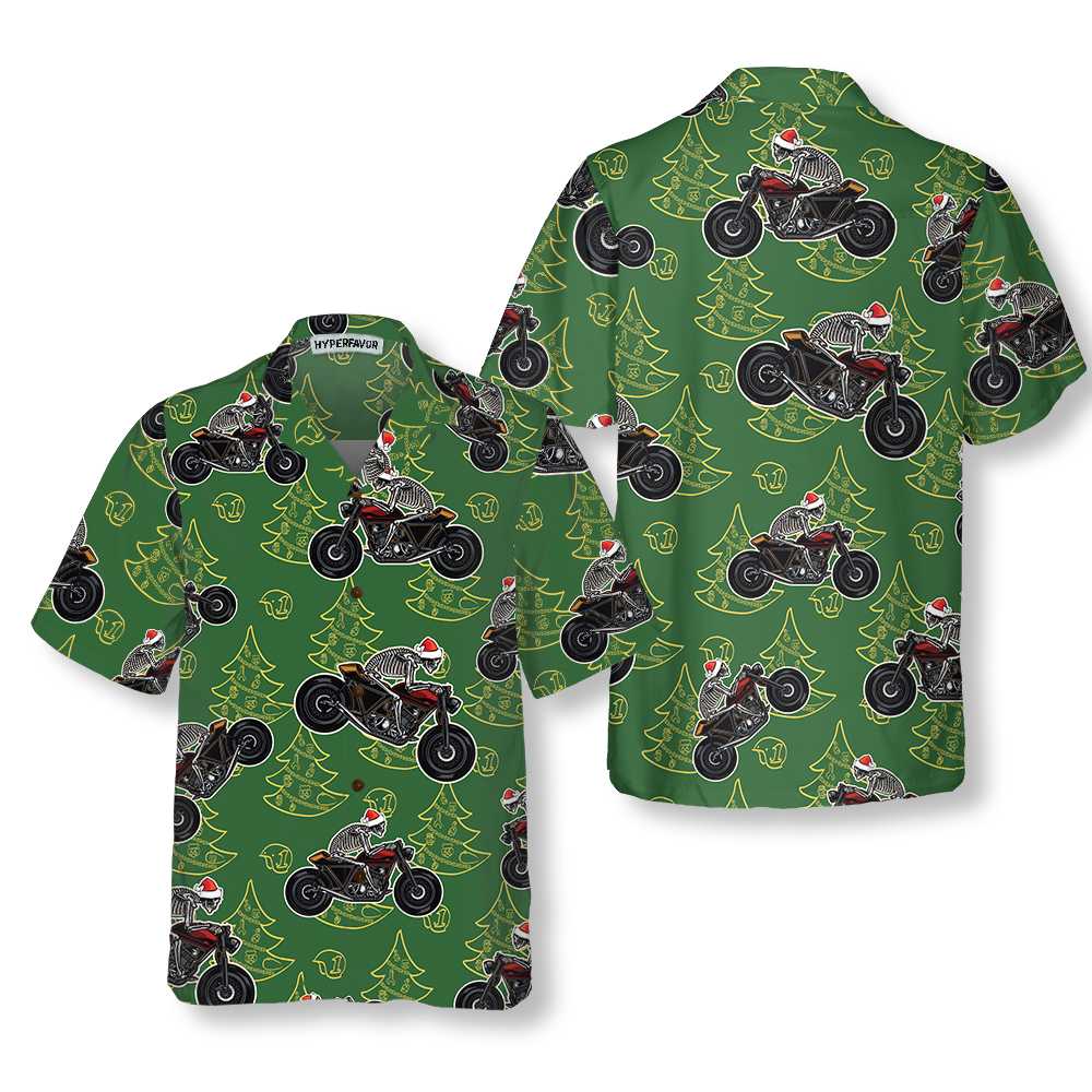 Drune | Skeleton Motorrad fahrend Weihnachts Hawaiian Shirt, Lustiges Weihnachtsgeschenk für Biker