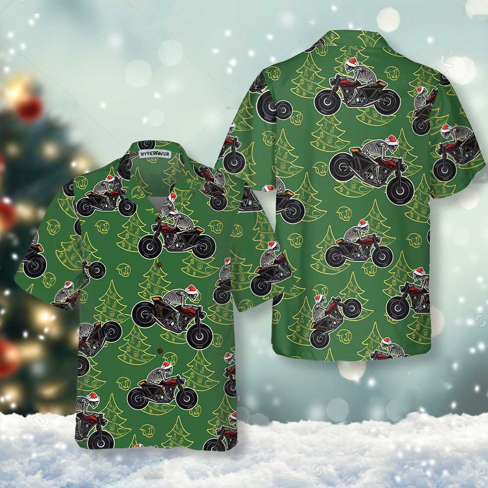 Drune | Skeleton Motorrad fahrend Weihnachts Hawaiian Shirt, Lustiges Weihnachtsgeschenk für Biker