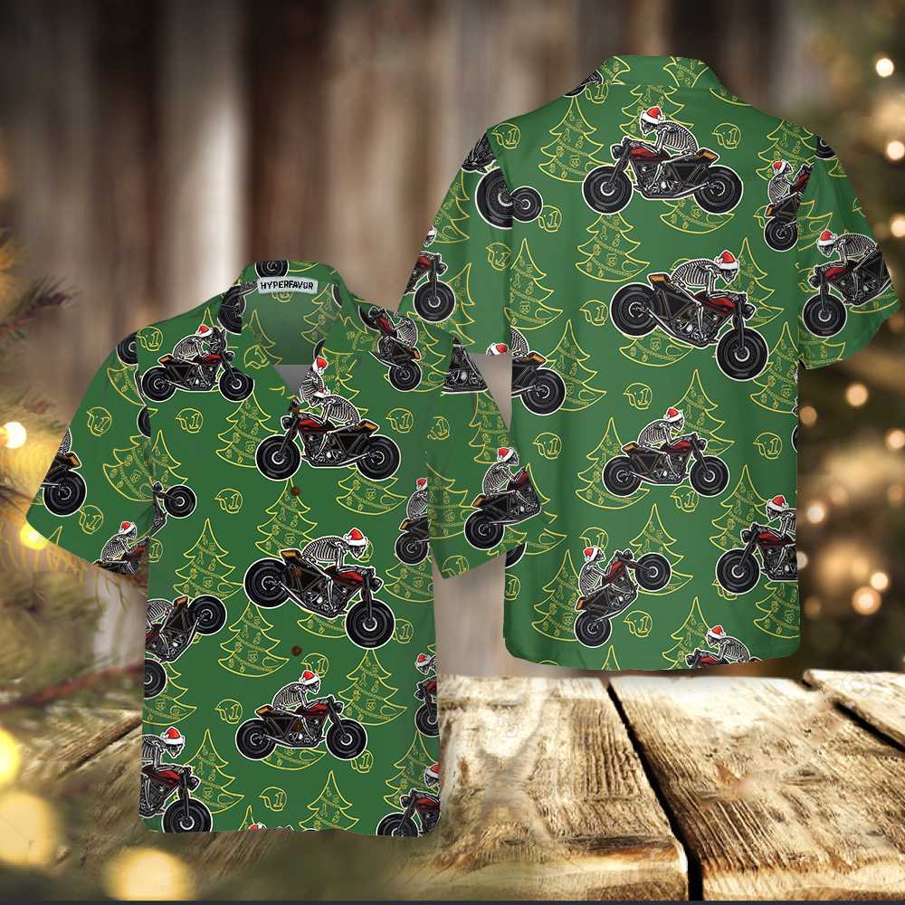 Drune | Skeleton Motorrad fahrend Weihnachts Hawaiian Shirt, Lustiges Weihnachtsgeschenk für Biker