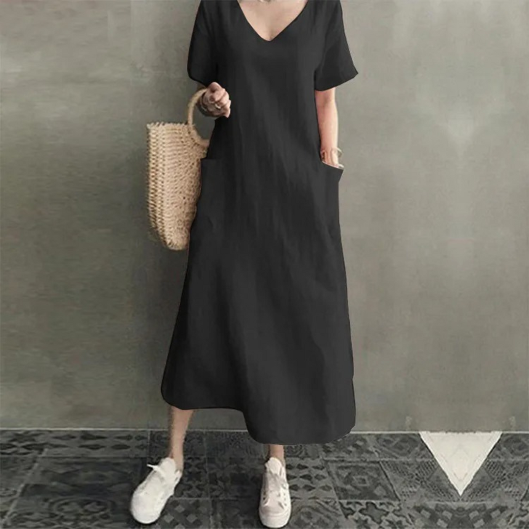 Drune | Schlank Bequem Leinenkleid mit V-Ausschnitt
