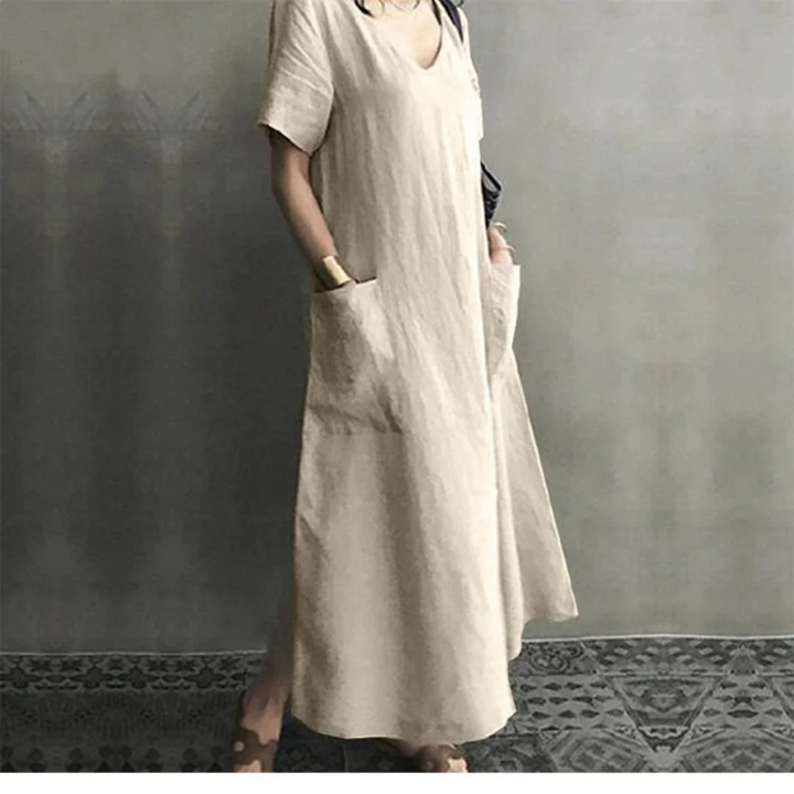 Drune | Schlank Bequem Leinenkleid mit V-Ausschnitt