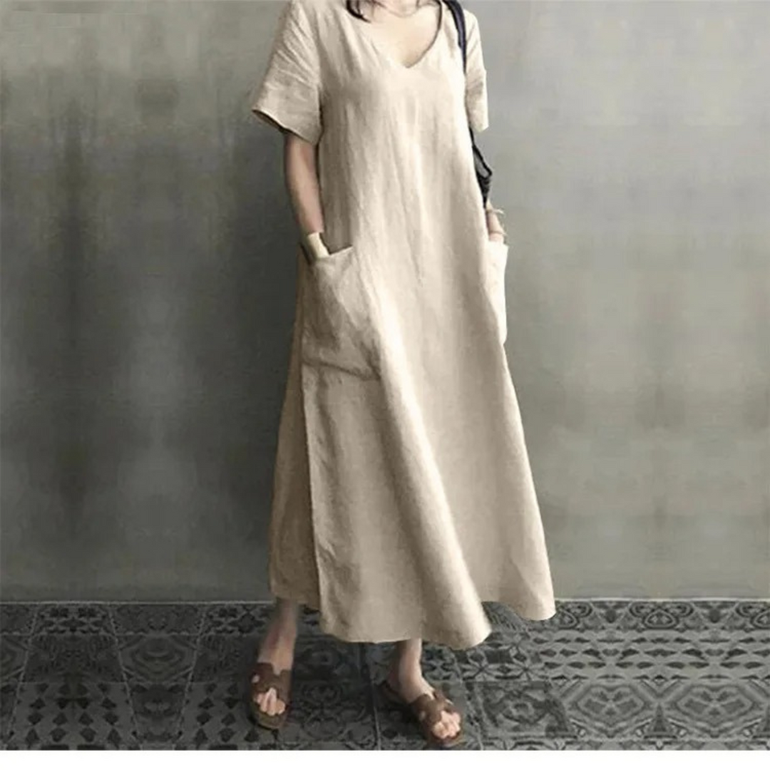Drune | Schlank Bequem Leinenkleid mit V-Ausschnitt
