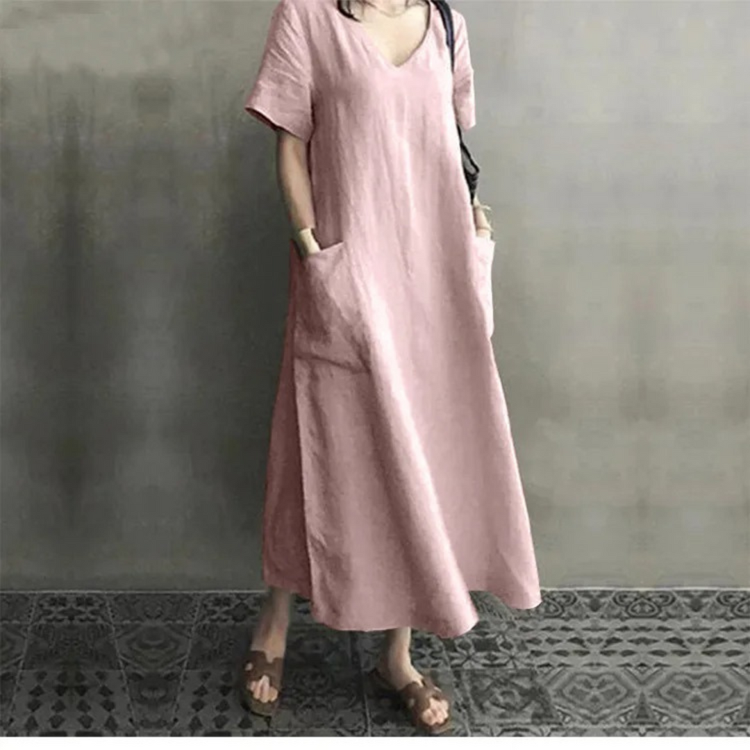 Drune | Schlank Bequem Leinenkleid mit V-Ausschnitt