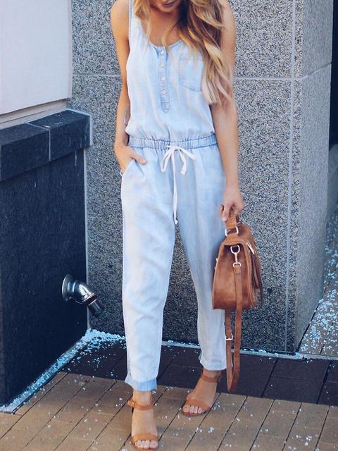 Drune | Slim Ärmellos Taille Denim Jumpsuit