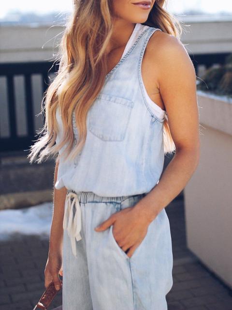 Drune | Slim Ärmellos Taille Denim Jumpsuit