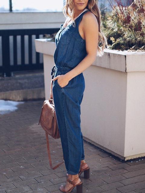 Drune | Slim Ärmellos Taille Denim Jumpsuit