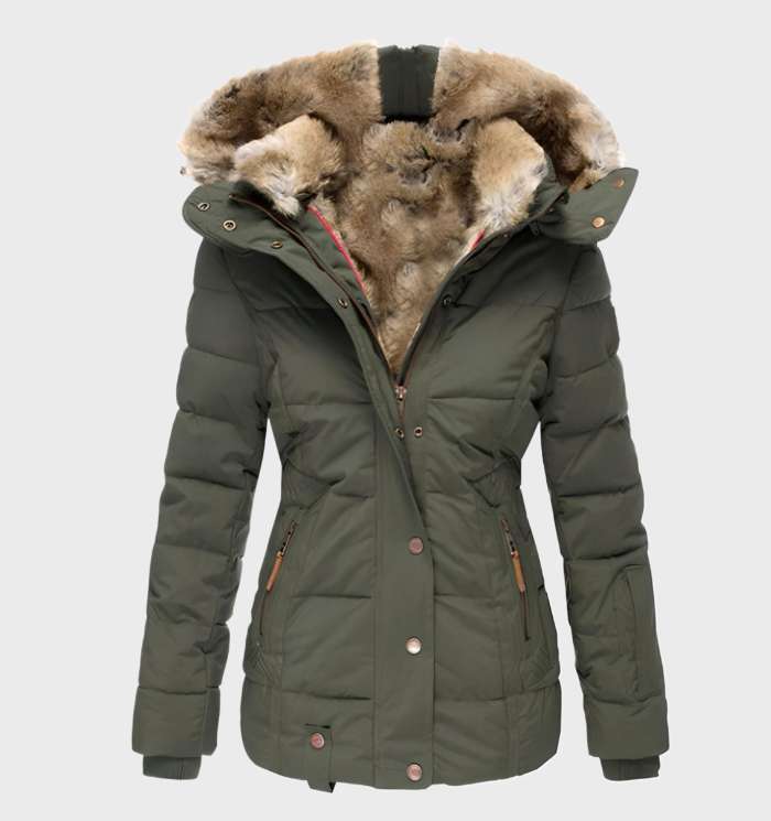 Drune | Damen Wasserabweisende Gepolsterte Winterjacke mit Kapuze und Kunstpelzfutter